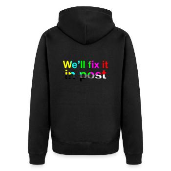 FixItInPost-Ziel - Unisex Premium Bio Zip Hoodie - Schwarz - Hinten - Nico (187cm)