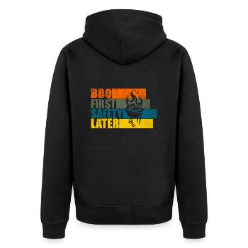 BBQ FIRST SAFETY LATER - Unisex Premium Bio Zip Hoodie - Schwarz - Hinten - Nico (187cm)