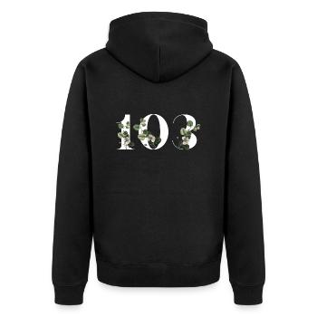 Numéro 103 floral vert - 103e anniversaire floral - Veste à capuche bio Premium Unisexe - noir - Dos - Nico (187cm)