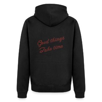 Gutes will Weile haben - Unisex Premium Bio Zip Hoodie - Schwarz - Hinten - Nico (187cm)