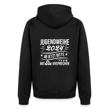 Jugendweihe 2024 Ab Jetzt Bitte Mit Sie Ansprechen - Unisex Premium Bio Zip Hoodie - Schwarz - Hinten - Nico (187cm)
