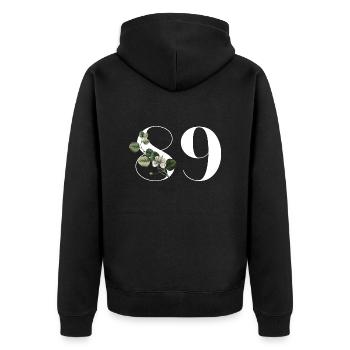 Numéro 89 floral vert - 89e anniversaire floral - Veste à capuche bio Premium Unisexe - noir - Dos - Nico (187cm)