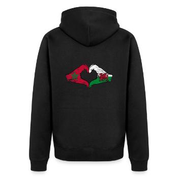Marokko Wales Flagge Hände Herzform used - Unisex Premium Bio Zip Hoodie - Schwarz - Hinten - Nico (187cm)