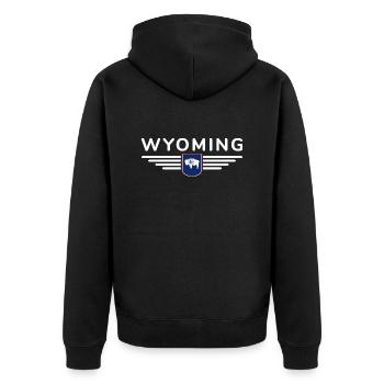 Wyoming Fan Shirt – Wild & Frei - Unisex Premium Bio Zip Hoodie - Schwarz - Hinten - Nico (187cm)