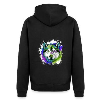 Portrait de tête de chien husky coloré - Veste à capuche bio Premium Unisexe - noir - Dos - Nico (187cm)