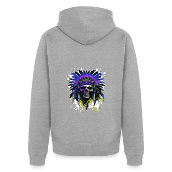 Apache Crâne Indien Coloré - Veste à capuche bio Premium Unisexe - gris chiné - Dos - Nico (187cm)