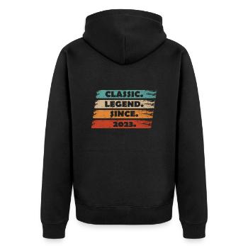 1. Jubiläum 2023 - Legende seit Vintage Ret - Unisex Premium Bio Zip Hoodie - Schwarz - Hinten - Nico (187cm)