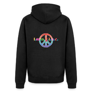 Ein Produkt mit der Aufschrift "Imagine" und einem Friedenszeichen! - Unisex Premium Bio Zip Hoodie - Schwarz - Hinten - Nico (187cm)