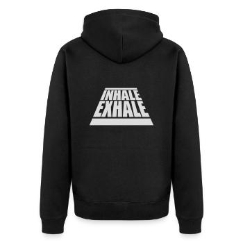 inhale exhale yoga Zitat - Unisex Premium Bio Zip Hoodie - Schwarz - Hinten - Nico (187cm)