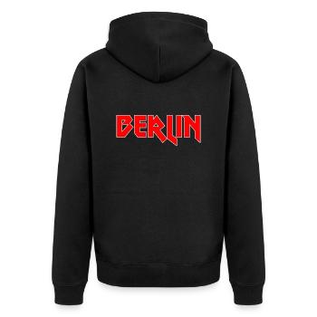 Modisches Heimat BERLIN Metal-Design - Unisex Premium Bio Zip Hoodie - Schwarz - Hinten - Nico (187cm)