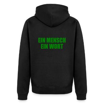 ein mensch ein wort - Unisex Premium Bio Zip Hoodie - Schwarz - Hinten - Nico (187cm)