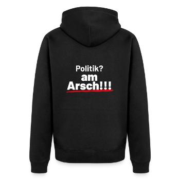 Politik am Arsch weiss - Unisex Premium Bio Zip Hoodie - Schwarz - Hinten - Nico (187cm)
