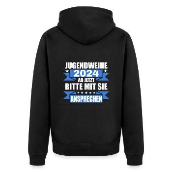 Jugendweihe 2024 Ab Jetzt Bitte Mit Sie Ansprechen - Unisex Premium Bio Zip Hoodie - Schwarz - Hinten - Nico (187cm)
