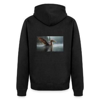 Ein realistischer böser dunkler Drache in einem nebligen Fluss - Unisex Premium Bio Zip Hoodie - Schwarz - Hinten - Nico (187cm)