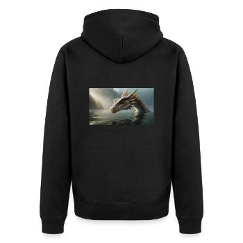 Ein realistischer böser dunkler Drache in einem nebligen Fluss - Unisex Premium Bio Zip Hoodie - Schwarz - Hinten - Nico (187cm)