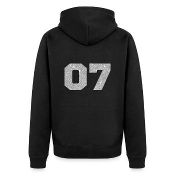 Nummer 7 Silberglitter - 7. Jahrestag - Unisex Premium Bio Zip Hoodie - Schwarz - Hinten - Nico (187cm)