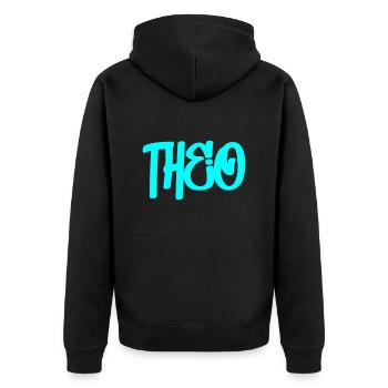 Theo Name Graffiti Schrift - Unisex Premium Bio Zip Hoodie - Schwarz - Hinten - Nico (187cm)