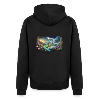 Ein mystisches Einhorn mit leuchtendem Horn - Unisex Premium Bio Zip Hoodie - Schwarz - Hinten - Nico (187cm)