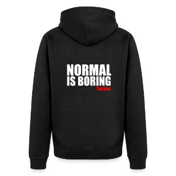 Normal ist langweiliges Techno-Zitat - Unisex Premium Bio Zip Hoodie - Schwarz - Hinten - Nico (187cm)