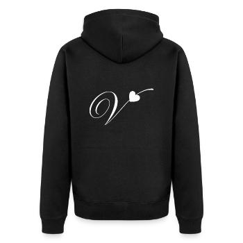 Kalligraphie des Buchstabens v des Herzens - Unisex Premium Bio Zip Hoodie - Schwarz - Hinten - Nico (187cm)