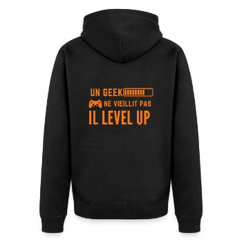 Un geek ne vieillit pas il level up - Veste à capuche bio Premium Unisexe - noir - Dos - Nico (187cm)