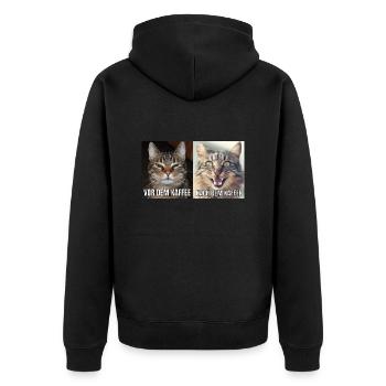 Nach und Vor dem Kaffe - Unisex Premium Bio Zip Hoodie - Schwarz - Hinten - Nico (187cm)