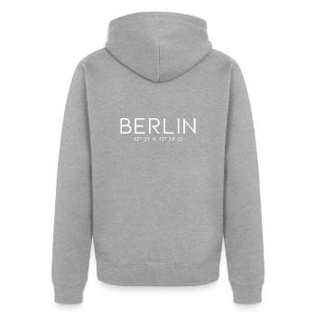 Coordonnées de Berlin - Allemagne Porte de Brandebourg - Veste à capuche bio Premium Unisexe - gris chiné - Dos - Nico (187cm)