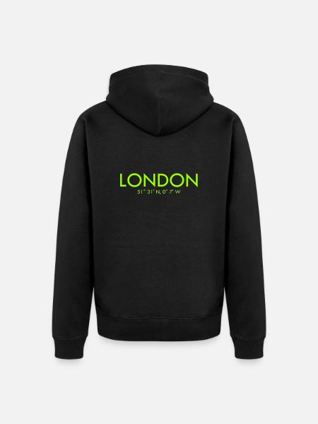 London - Coordinates - Latitude - Longitude - GB - Unisex Premium Organic Zip Hoodie - black