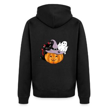 Smiling pumpkin with black cat and winking ghost - Unisex Premium Organic Zip Hoodie - black - Back - Nico (187cm)