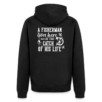 Ein Fischer lebt hier mit dem Fang seines Lebens - Unisex Premium Bio Zip Hoodie - Schwarz - Hinten - Nico (187cm)