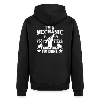 Funny Mechanic stop when done - Unisex Premium Bio Zip Hoodie - Schwarz - Hinten - Nico (187cm)