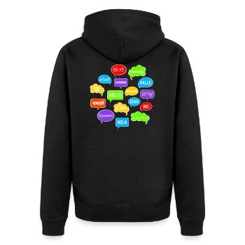 Bunte Sprechblasen mit "Hallo" in vielen Sprachen - Unisex Premium Bio Zip Hoodie - Schwarz - Hinten - Nico (187cm)