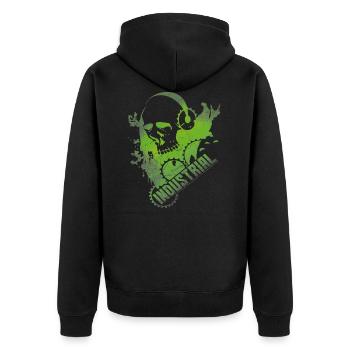 Industrial music Skull mit Zahnrädern Kopfhörer - Unisex Premium Bio Zip Hoodie - Schwarz - Hinten - Nico (187cm)