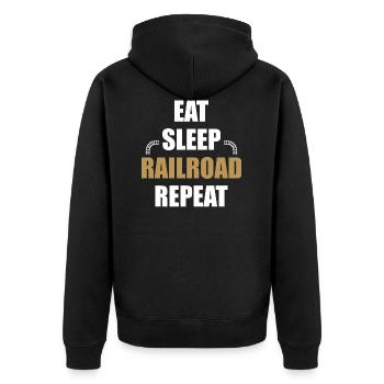 Essen Schlafen Eisenbahn - Unisex Premium Bio Zip Hoodie - Schwarz - Hinten - Nico (187cm)