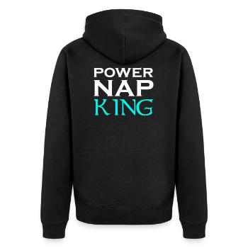 Power Nap King Design Motiv - Unisex Premium Bio Zip Hoodie - Schwarz - Hinten - Nico (187cm)