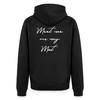 YOGA DESIGN GESCHENK YOGI BALANCE CORE OM NAMASTE - Unisex Premium Bio Zip Hoodie - Schwarz - Hinten - Nico (187cm)