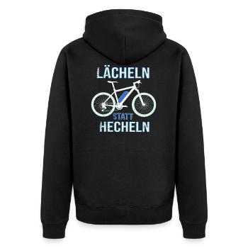 E-Bike Spruch - LÄCHELN statt HECHELN - Unisex Premium Bio Zip Hoodie - Schwarz - Hinten - Nico (187cm)