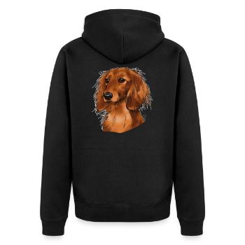 langhaariger Dackel (ohne Text) dunkle Textilien - Unisex Premium Bio Zip Hoodie - Schwarz - Hinten - Nico (187cm)