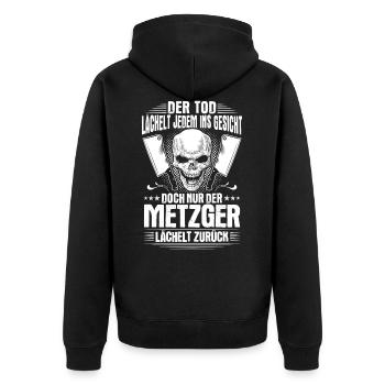 Metzger Metzgerei Fleischer Fleischerei Geschenk - Unisex Premium Bio Zip Hoodie - Schwarz - Hinten - Nico (187cm)