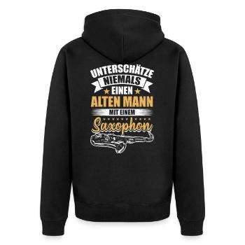 Unterschätze Niemals Einen Alten Mann Mit Saxophon - Unisex Premium Bio Zip Hoodie - Schwarz - Hinten - Nico (187cm)