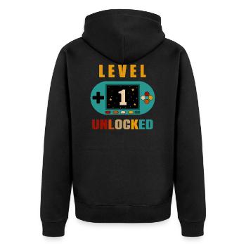 Stufe 1 entsperrt. 1. Geburtstag - Unisex Premium Bio Zip Hoodie - Schwarz - Hinten - Nico (187cm)