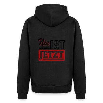 Nie wieder ist jetzt - Gegen Rechts, gegen Hetze - Unisex Premium Bio Zip Hoodie - Schwarz - Hinten - Nico (187cm)