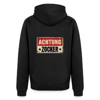 ACHTUNG ZOCKER - Unisex Premium Bio Zip Hoodie - Schwarz - Hinten - Nico (187cm)