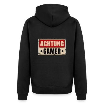 ACHTUNG GAMER - Unisex Premium Bio Zip Hoodie - Schwarz - Hinten - Nico (187cm)