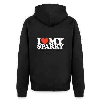 I love My Sparky Elektriker Herz Shirt - Unisex Premium Bio Zip Hoodie - Schwarz - Hinten - Nico (187cm)