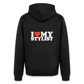 I love My stylist Herz Shirt - Unisex Premium Bio Zip Hoodie - Schwarz - Hinten - Nico (187cm)