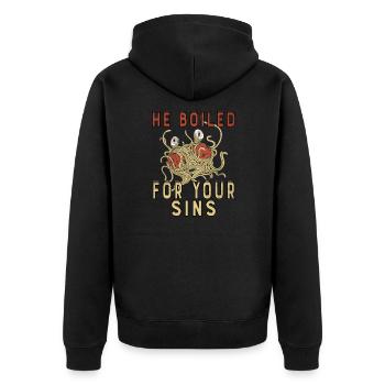 Atheist Atheism Flying Spaghetti Pastafarianism - Unisex Premium Bio Zip Hoodie - Schwarz - Hinten - Nico (187cm)