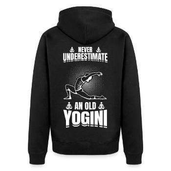 Unterschätze nie eine alte Yogini - Unisex Premium Bio Zip Hoodie - Schwarz - Hinten - Nico (187cm)
