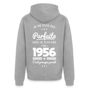 Born in 1956 – Not perfect but almost - Unisex Premium Organic Zip Hoodie - heather grey - Back - Nico (187cm)