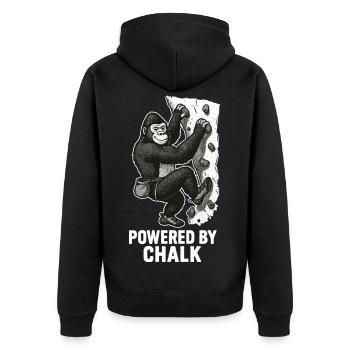 Gorilla Bouldern – Powered by Chalk Spruch - Unisex Premium Bio Zip Hoodie - Schwarz - Hinten - Nico (187cm)